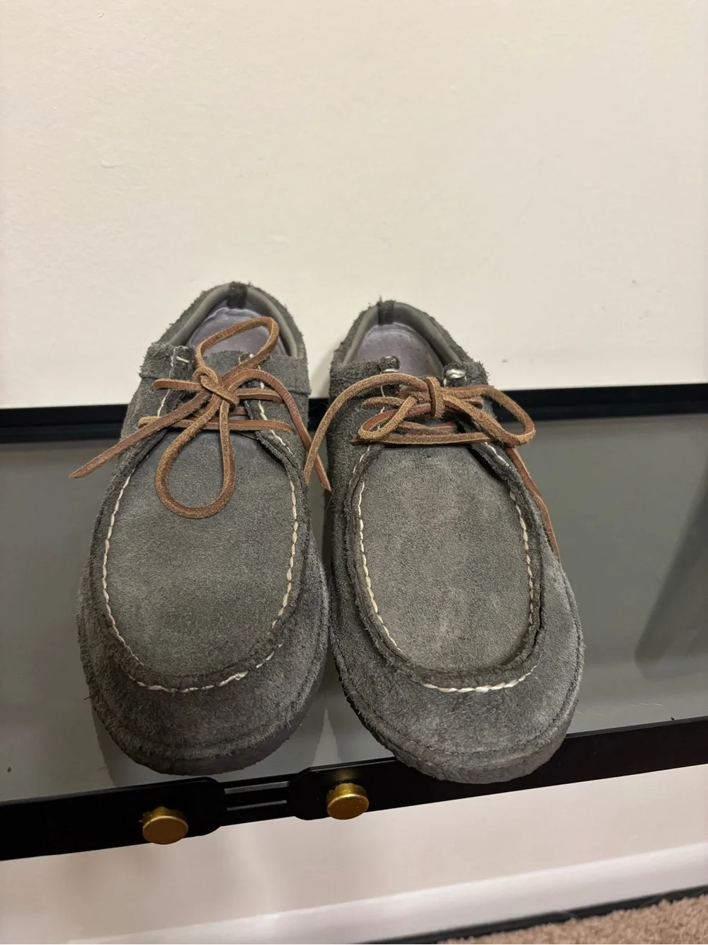 SeaVees Gray Suede Boat Shoes with Brown Laces